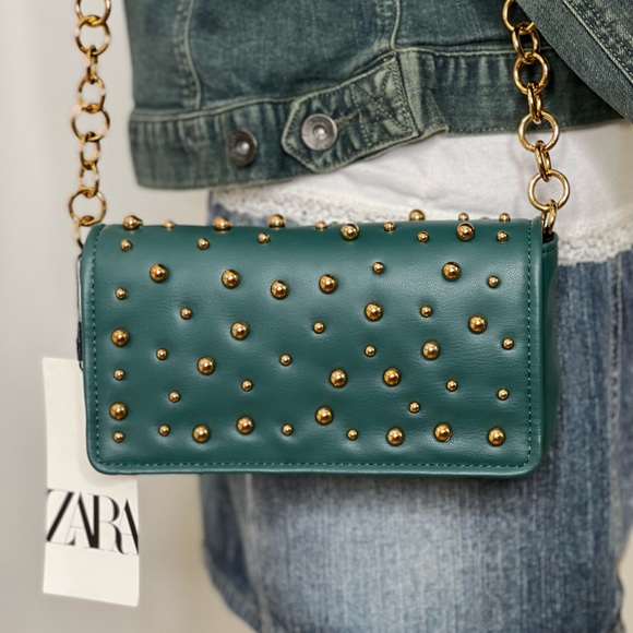 Zara Handbags - Zara Womens Crossbody Bag Beads Dark Green Gold Chain Purse Embellished beaded